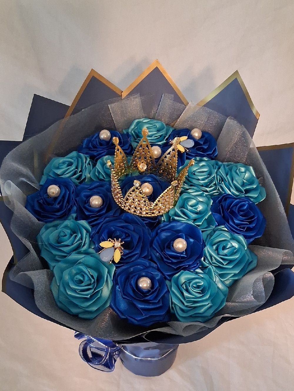 Royal Blue & Teal Satin Rose Bouquet with Gold Crown